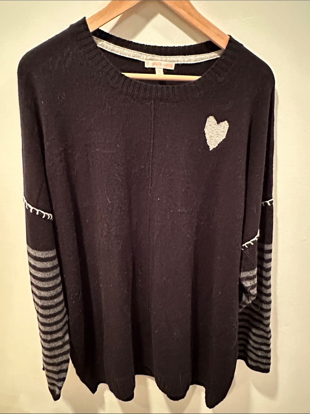 Lisa Todd Black Crewneck Sweater with Gray Heart & Striped Sleeves